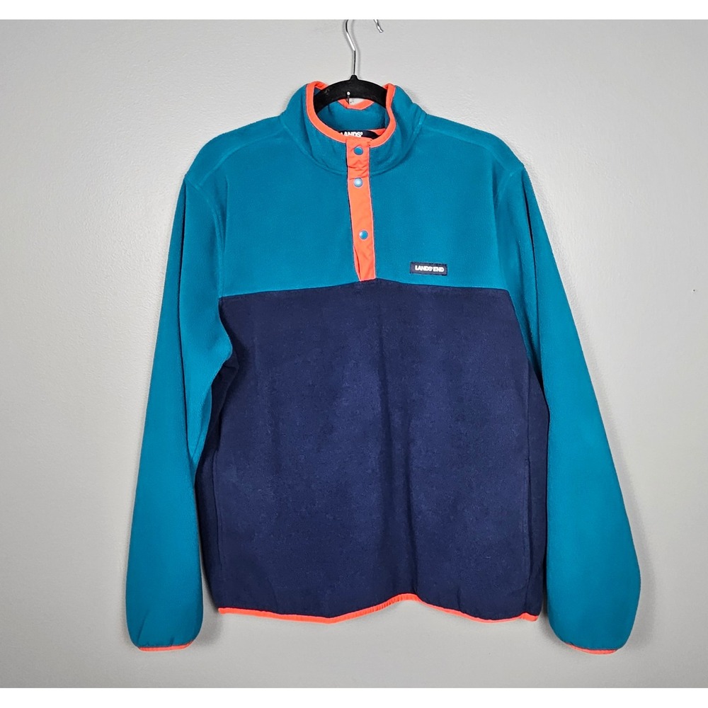 Lands End Mens L Fleece Snap Pullover Jacket Colorblock Gorpcore Teal Blue
